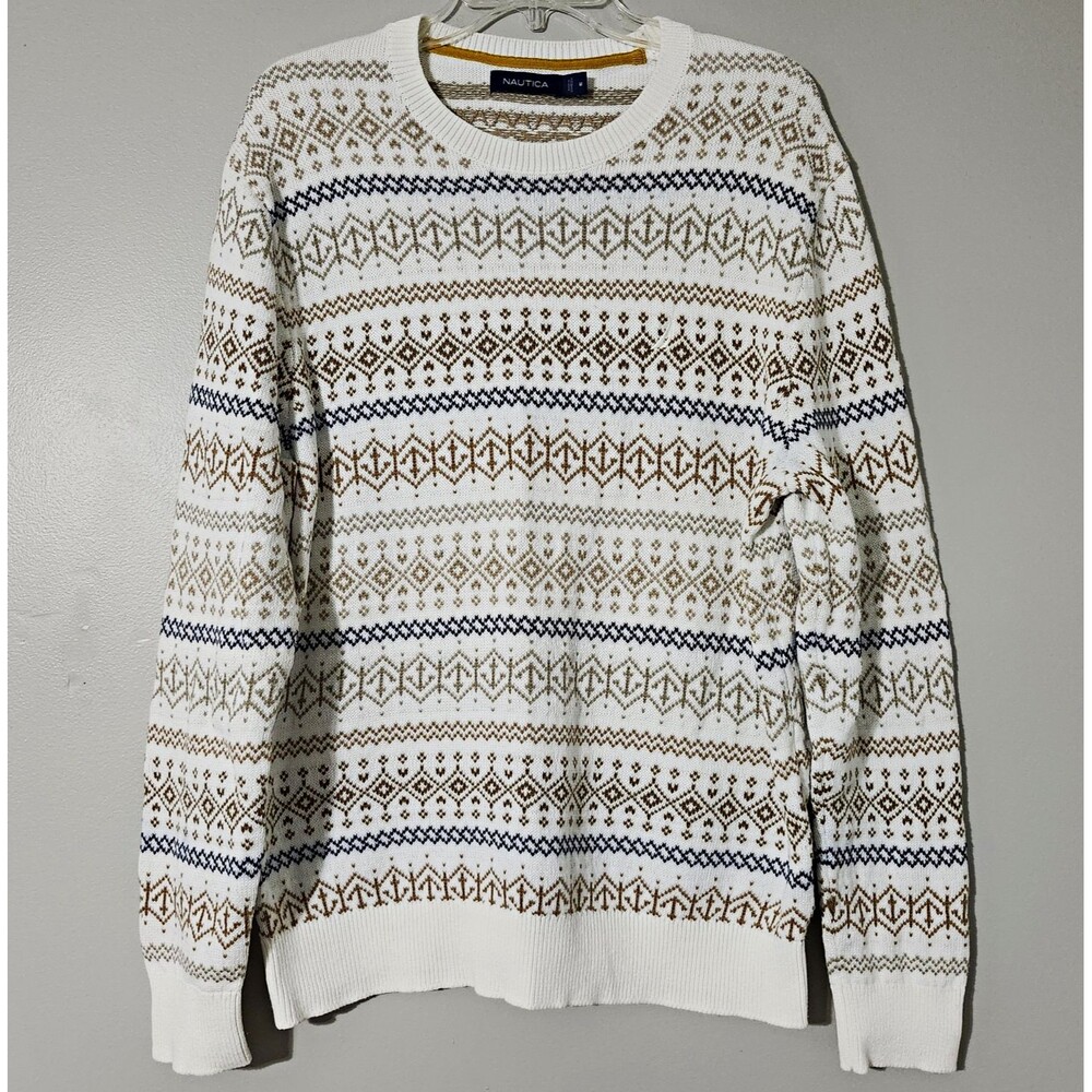 Nautica Men's Fair Isle Knit 100% Cotton Crew Neck Pullover Sweater (Medium)